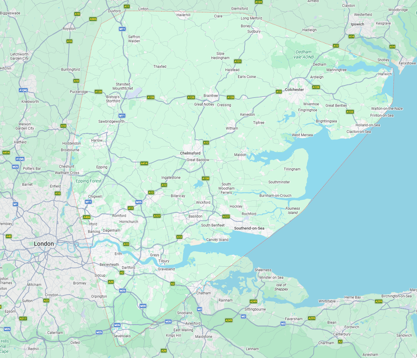 Map showing Charged Services coverage across Essex